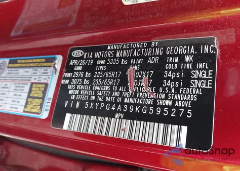 2019 Kia Sorento 2.4L Lx from USA, damaged, VIN 5XYPG4A39KG595275